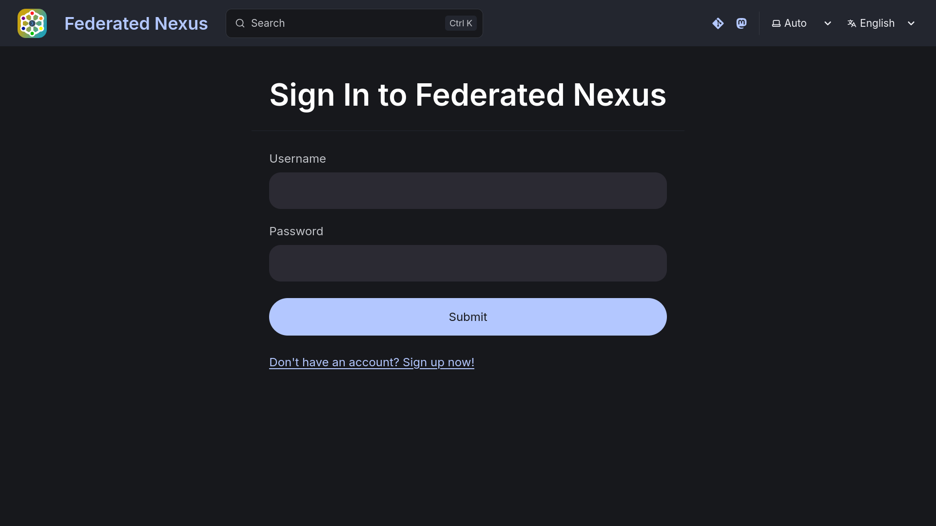 The login page for Federated Nexus, which uses MatrixOIDC as a backend