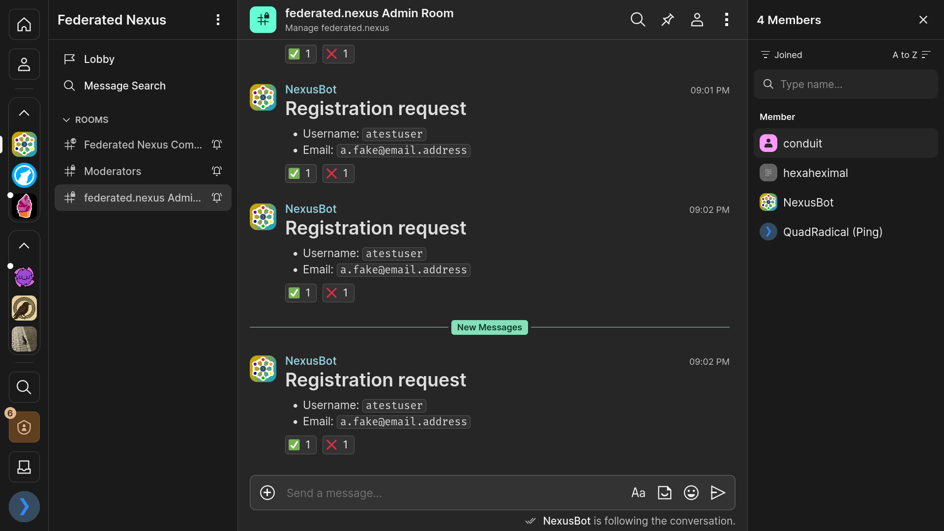 A screenshot showing registrations to Federated Nexus, sent by Nexusbot