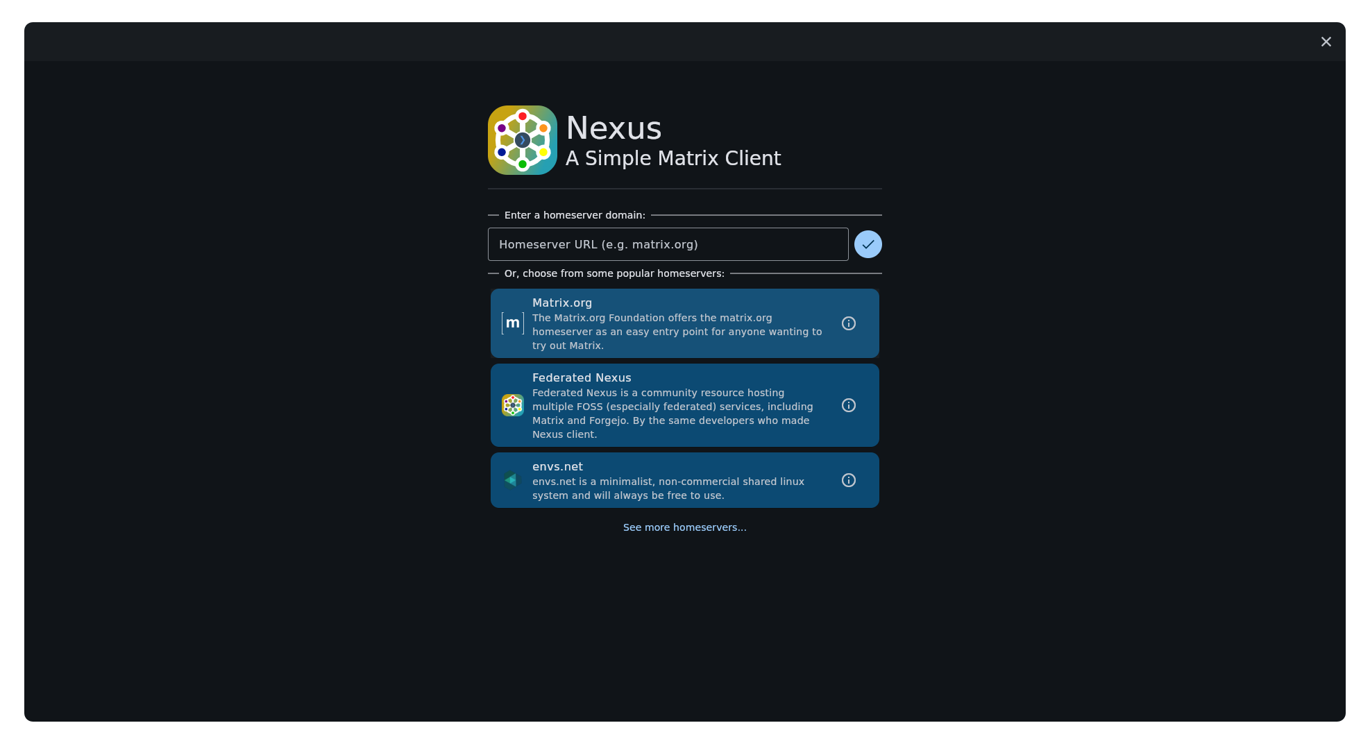 The login page for Nexus Client